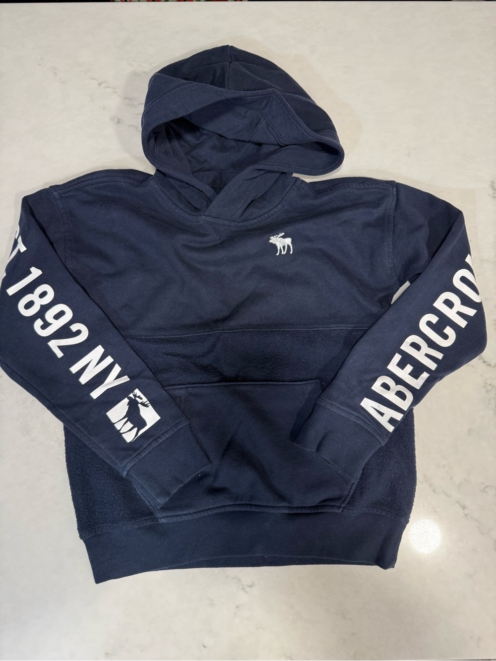 abercrombie kids Navy Pullover Hoodie with White Sleeve Graphics